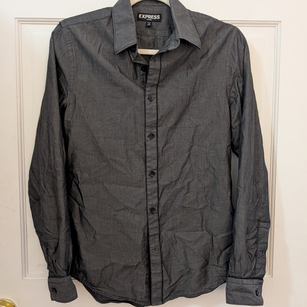 Express Men's XS Fitted Charcoal Button Down Shirt